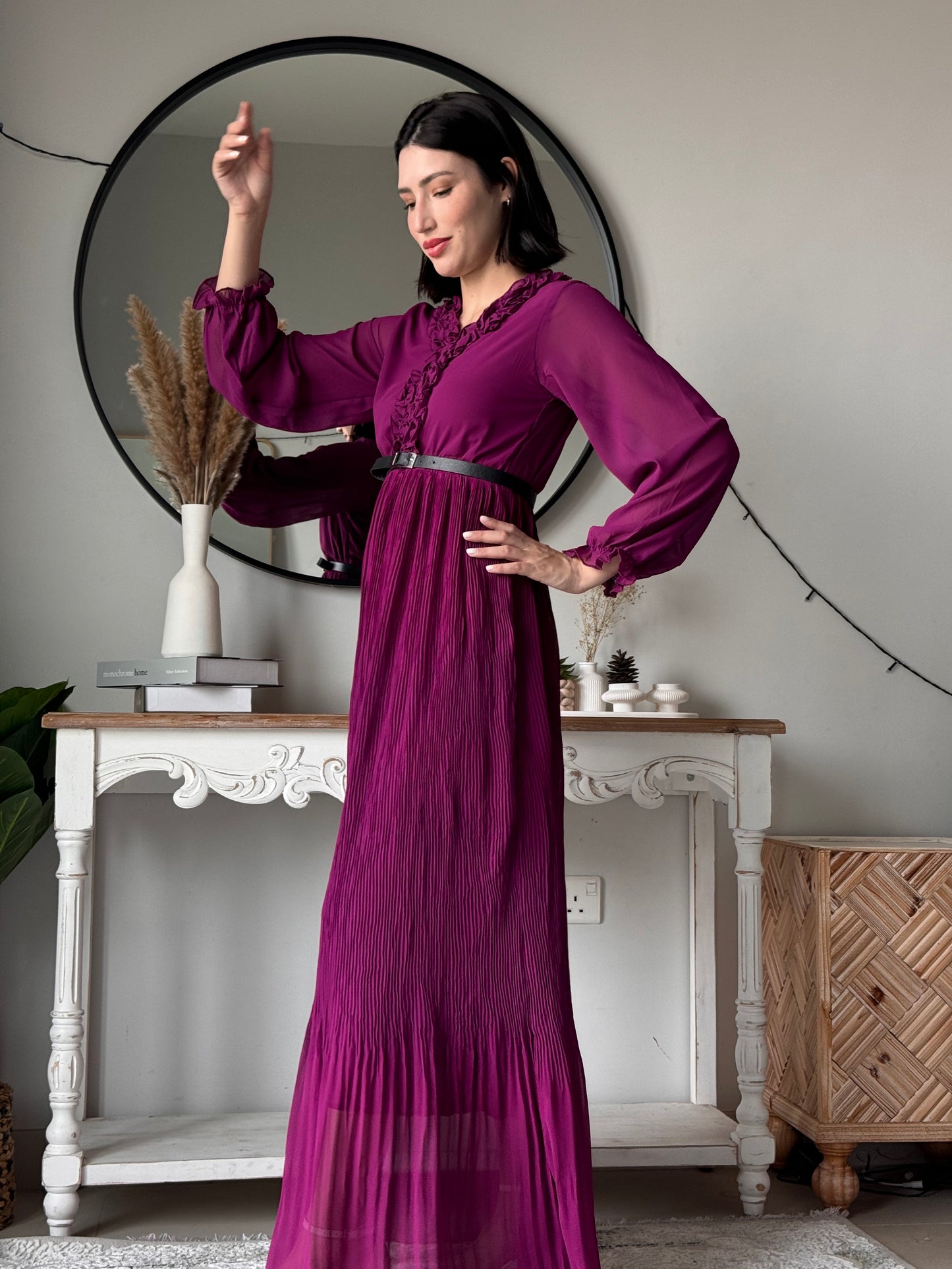 Elysian Pleat Dress in Plum