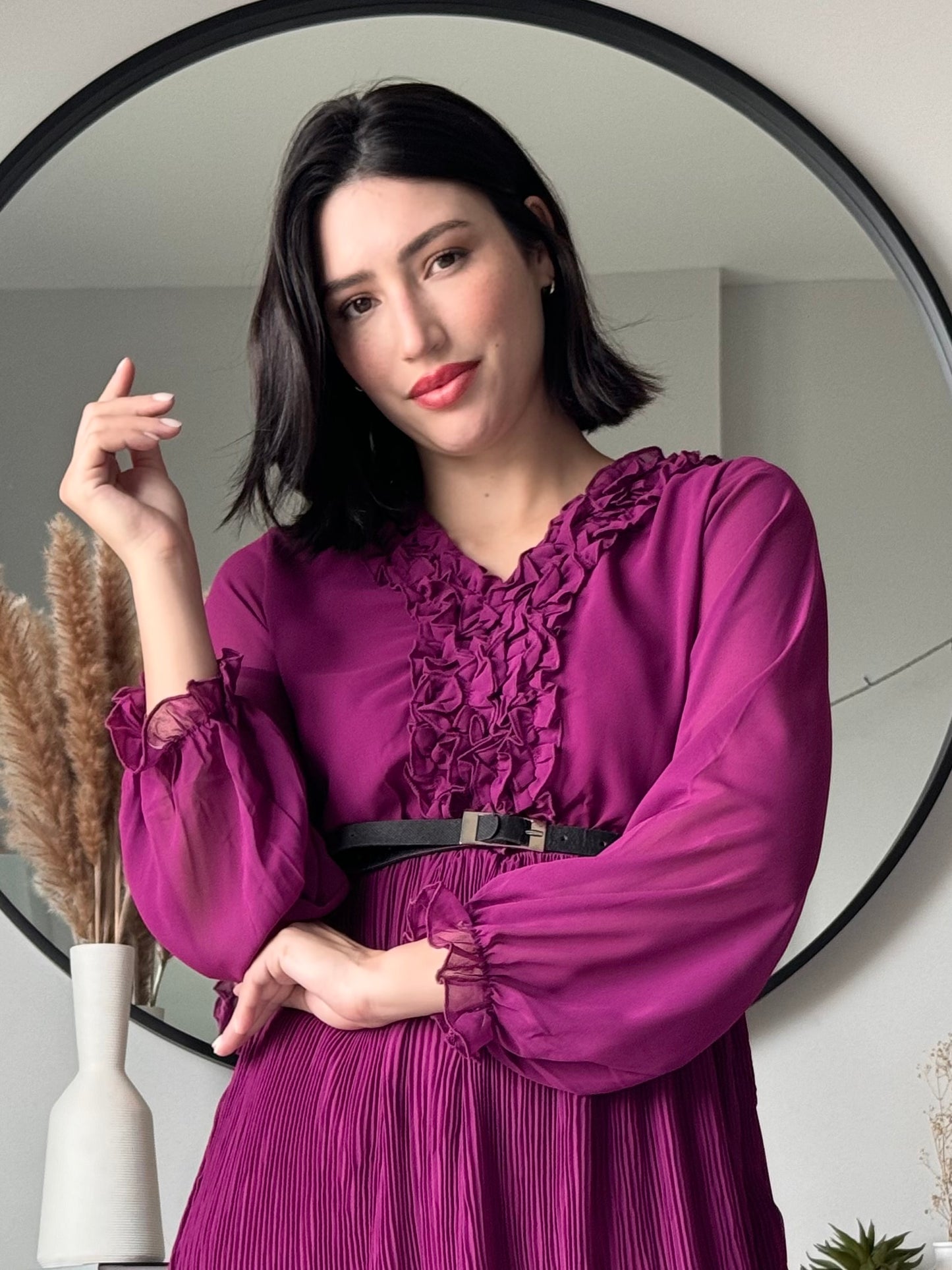 Elysian Pleat Dress in Plum