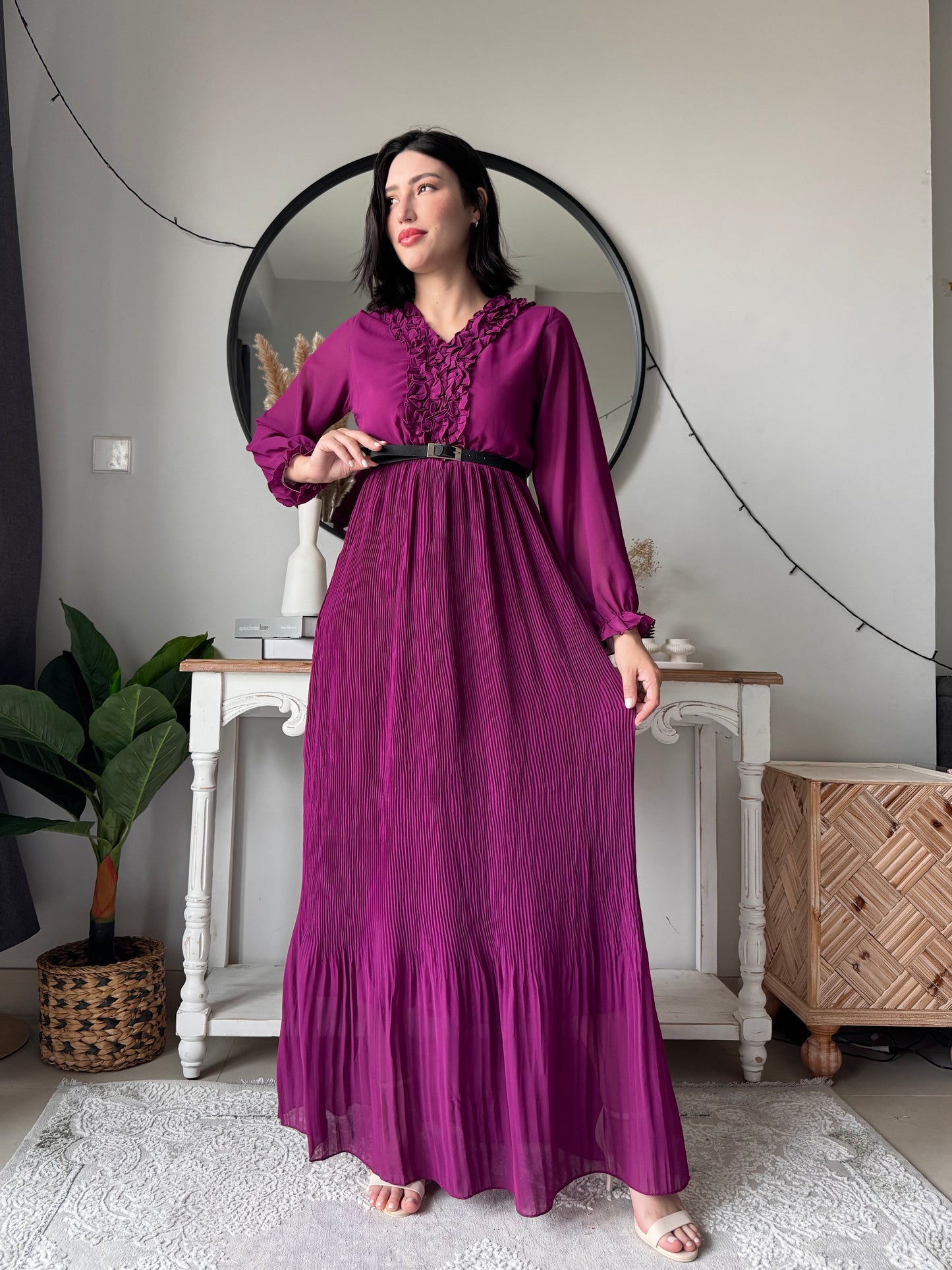 Elysian Pleat Dress in Plum