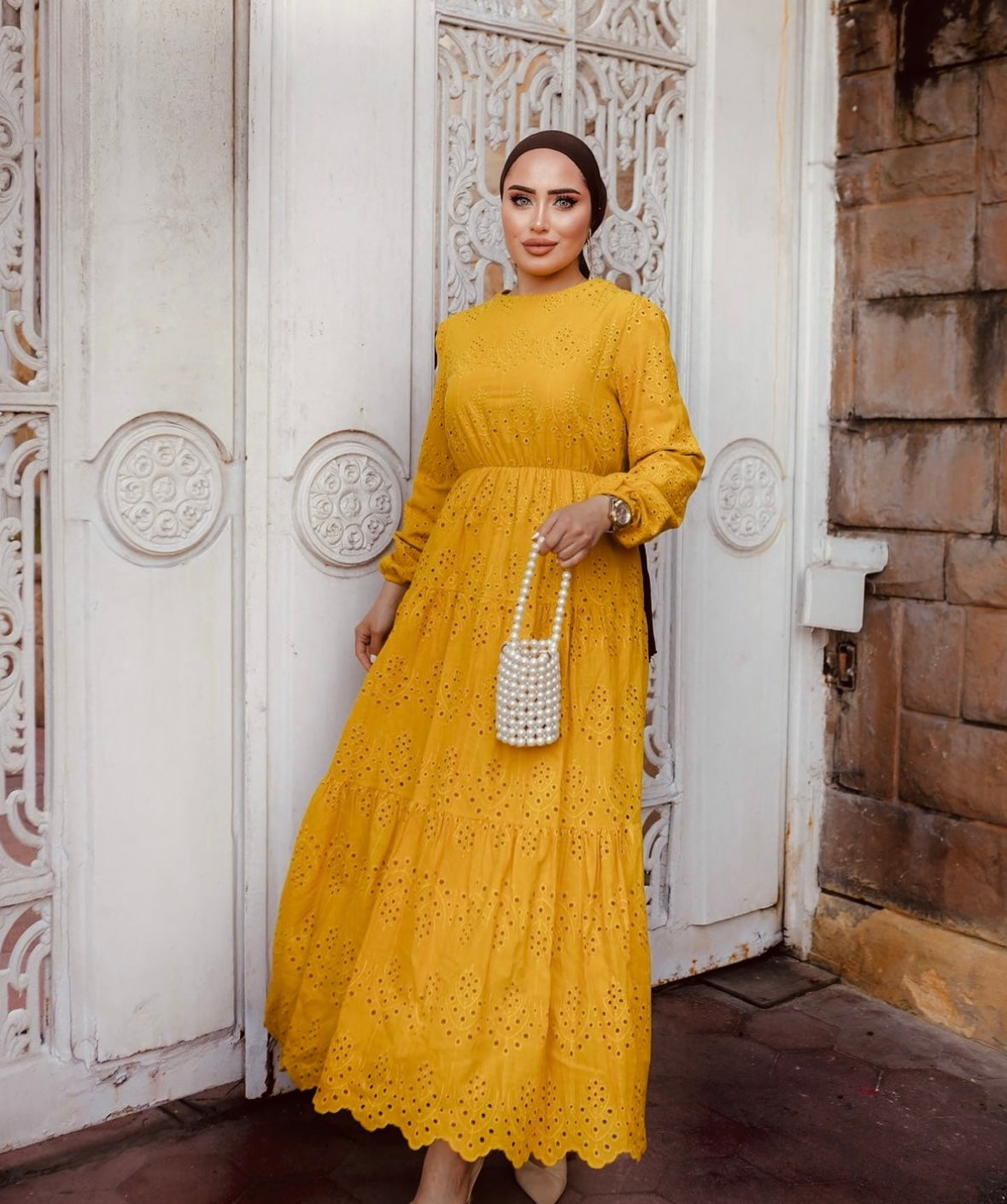 Iconic Eyelet Dress- Mustard