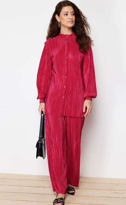 Berry Plisse Coord Set